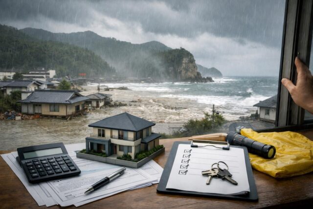 那智勝浦町の台風7号と不動産｜備え・確認3点の内容を表す写真風アイキャッチ画像